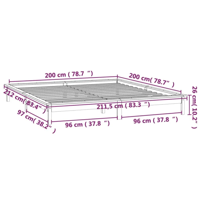 Lovos rėmas su LED, juodos spalvos, 200x200cm, medienos masyvas