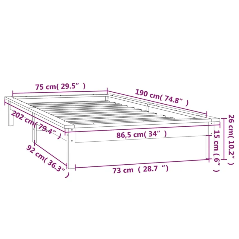 Lovos rėmas su LED, juodas, 75x190cm, mediena, vienvietis