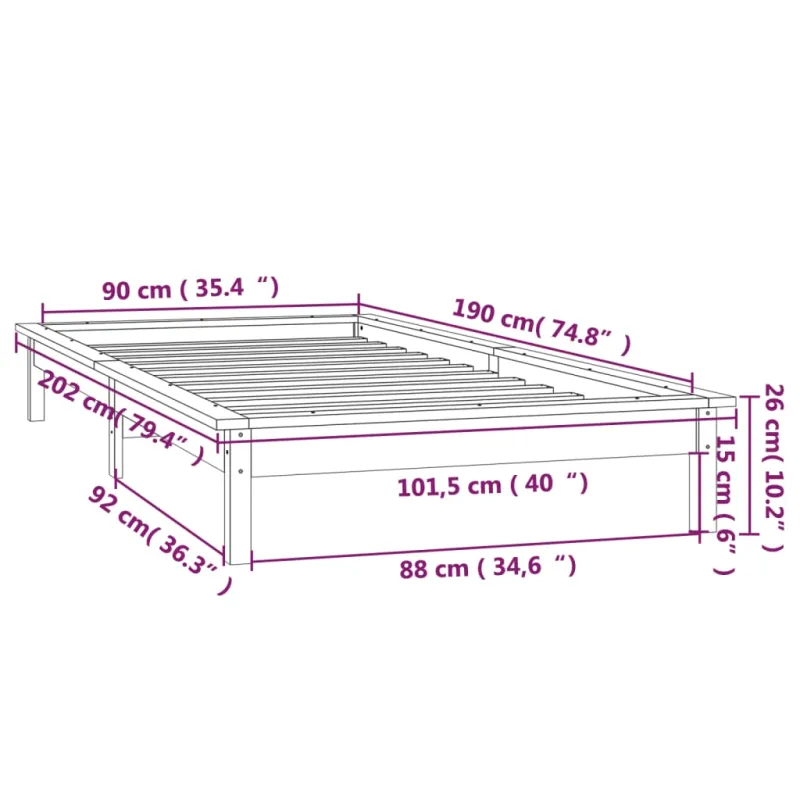 Lovos rėmas su LED, pilkas, 90x190cm, mediena, vienvietis