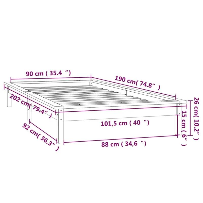 Lovos rėmas su LED, medaus rudas, 90x190cm, mediena, vienvietis