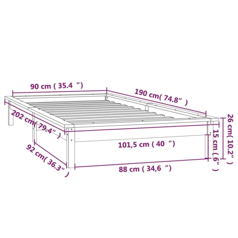 Lovos rėmas su LED, juodas, 90x190cm, mediena, vienvietis