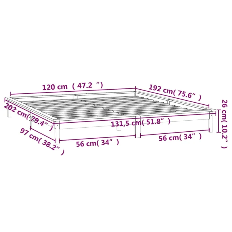 Lovos rėmas su LED, baltas, 120x190cm, mediena, dvivietis