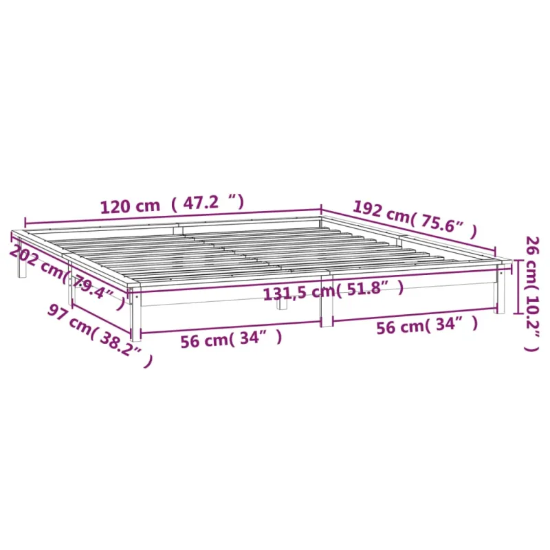 Lovos rėmas su LED, medaus rudas, 120x190cm, mediena, dvivietis
