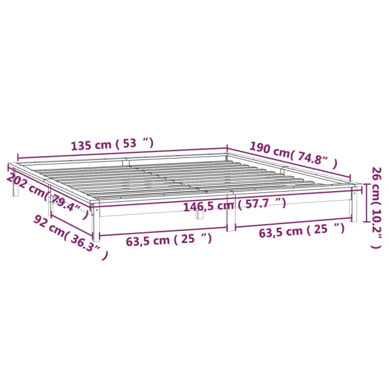 Lovos rėmas su LED, baltas, 135x190cm, mediena, dvivietis