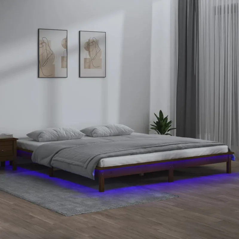 Lovos rėmas su LED, medaus rudas, 140x190cm, medienos masyvas