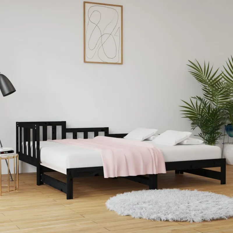 Ištraukiama lova, juoda, 2x(80x200)cm, pušies medienos masyvas