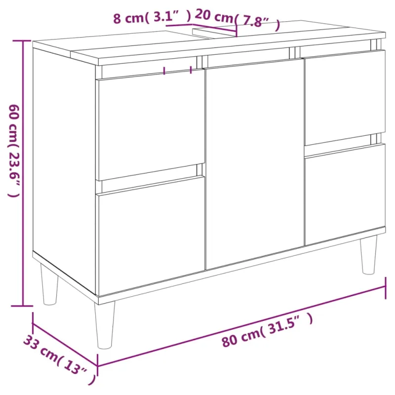 Spintelė praustuvui, pilka ąžuolo, 80x33x60cm, apdirbta mediena