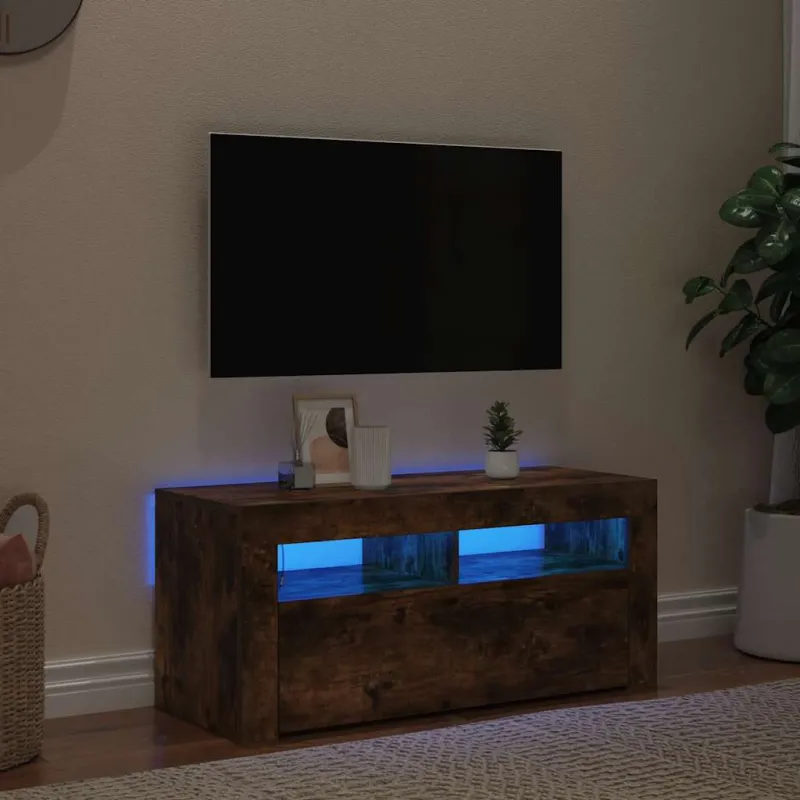 TV spintelė su LED apšvietimu, dūminio ąžuolo, 90x35x40cm