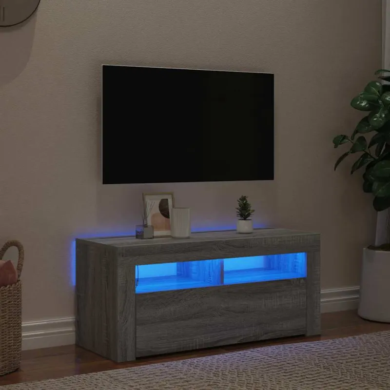 TV spintelė su LED apšvietimu, pilka ąžuolo, 90x35x40cm