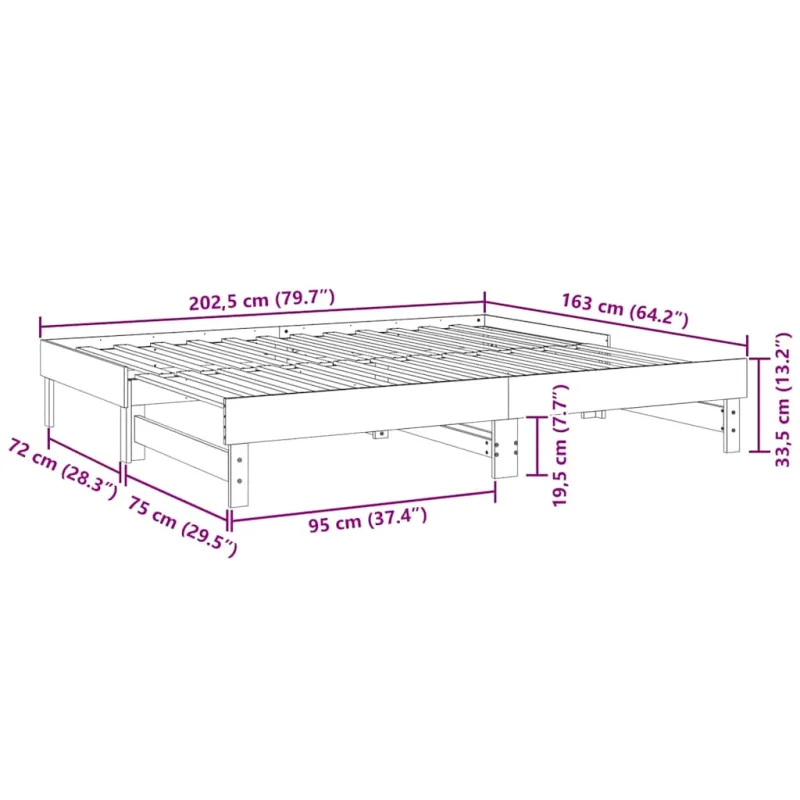 Ištraukiama lova, juoda, 2x(80x200)cm, pušies medienos masyvas