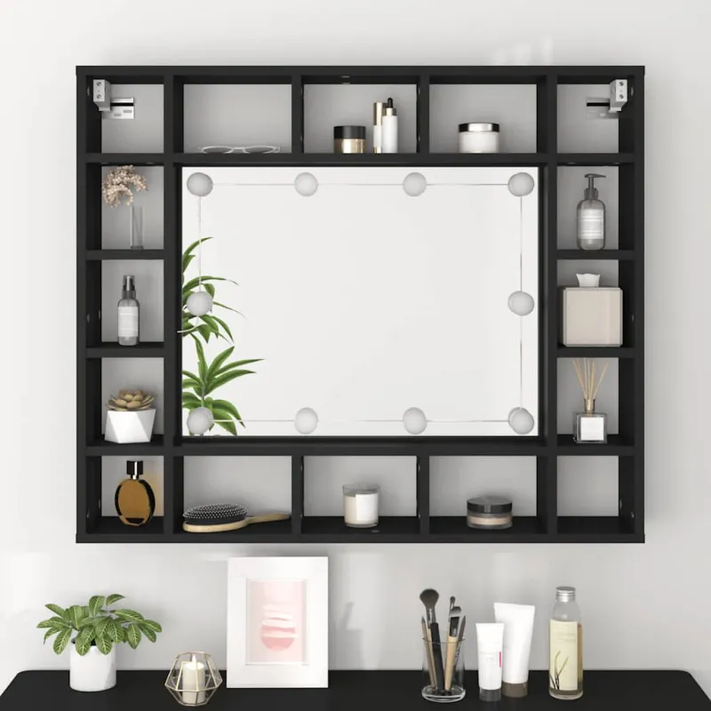 Veidrodinė spintelė su LED, juodos spalvos, 91x15x76,5cm
