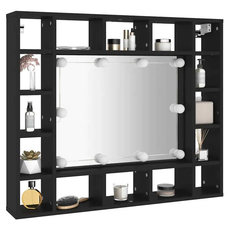 Veidrodinė spintelė su LED, juodos spalvos, 91x15x76,5cm