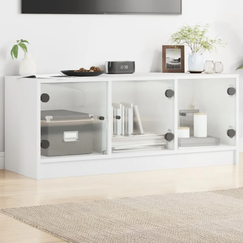 TV spintelė su stiklinėmis durelėmis, balta, 102x37x42cm