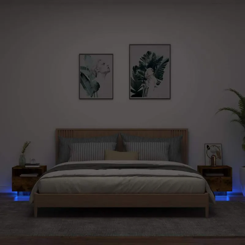 Naktinės spintelės su LED, 2vnt., dūminės ąžuolo, 40x39x37cm