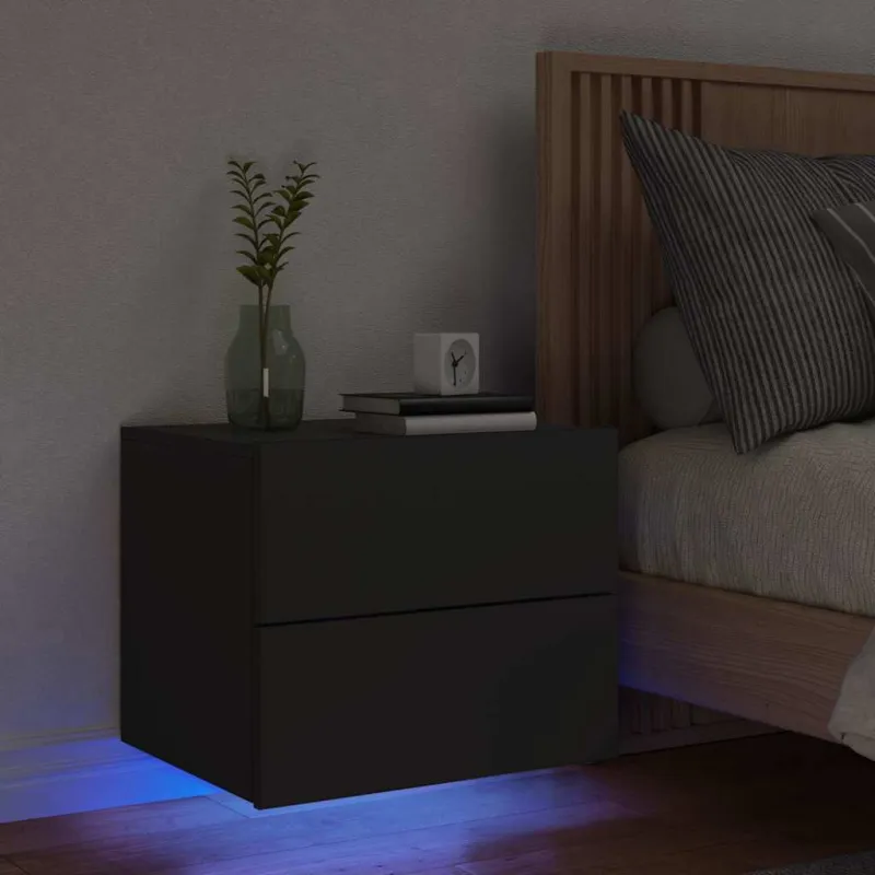 Prie sienos montuojama naktinė spintelė su LED, juoda