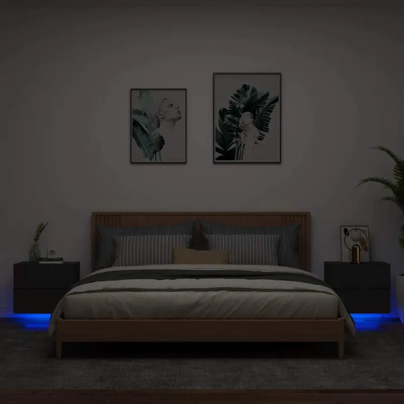 Sieninės naktinės spintelės su LED, 2vnt., juodos