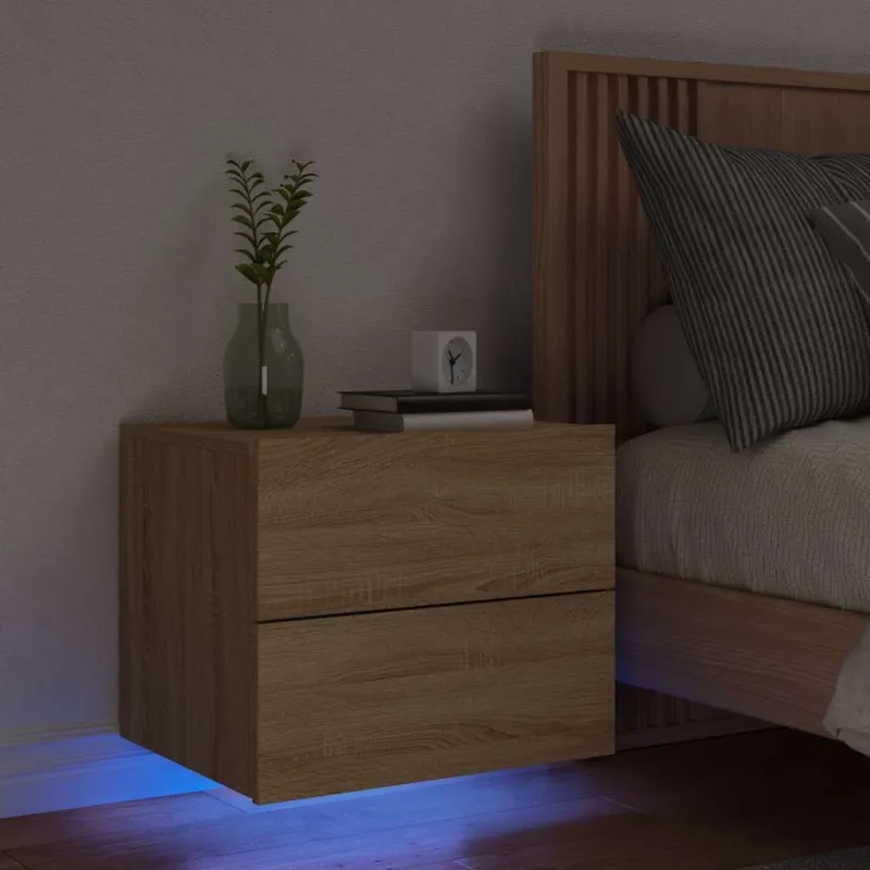 Prie sienos montuojama naktinė spintelė su LED, ąžuolo