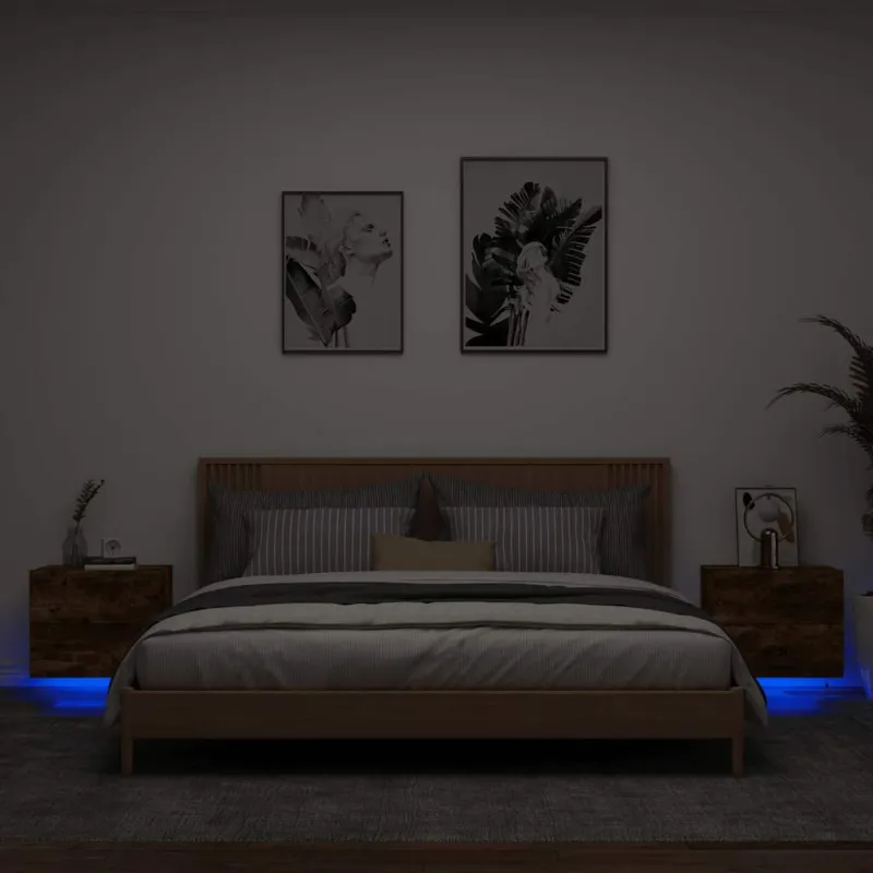 Sieninės naktinės spintelės su LED, 2vnt., dūminio ąžuolo