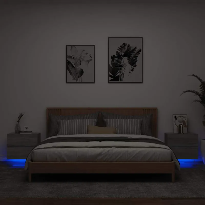 Sieninės naktinės spintelės su LED, 2vnt., pilkos ąžuolo