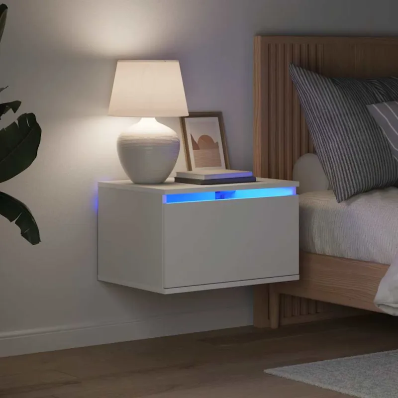 Prie sienos montuojama naktinė spintelė su LED, balta