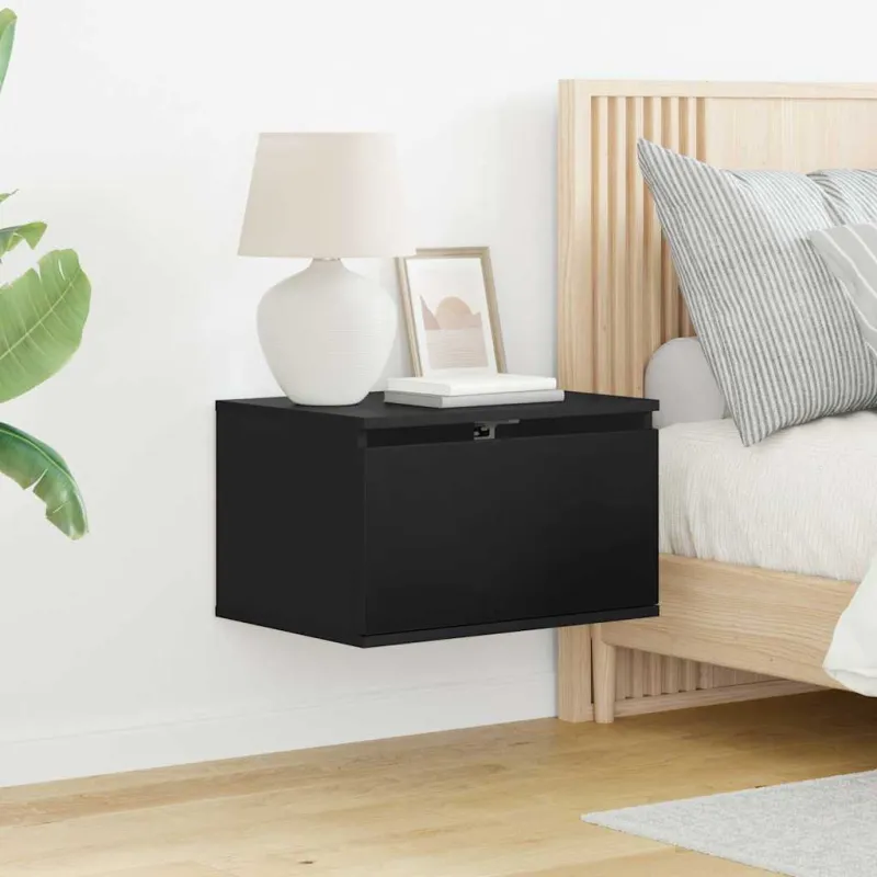 Prie sienos montuojama naktinė spintelė su LED, juoda