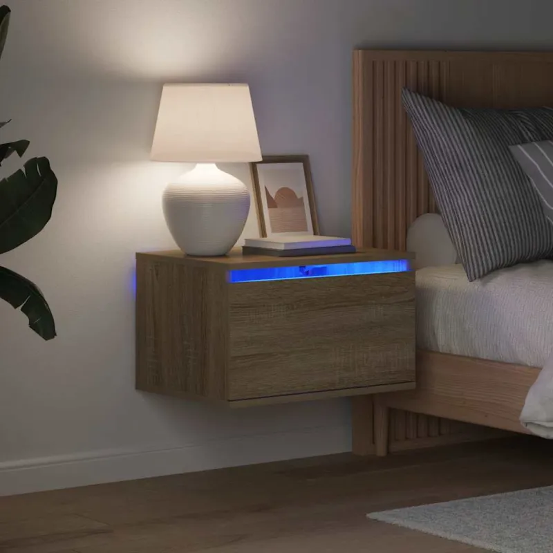 Prie sienos montuojama naktinė spintelė su LED, ąžuolo