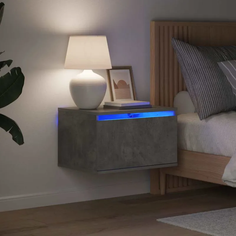 Prie sienos montuojama naktinė spintelė su LED, betono pilka
