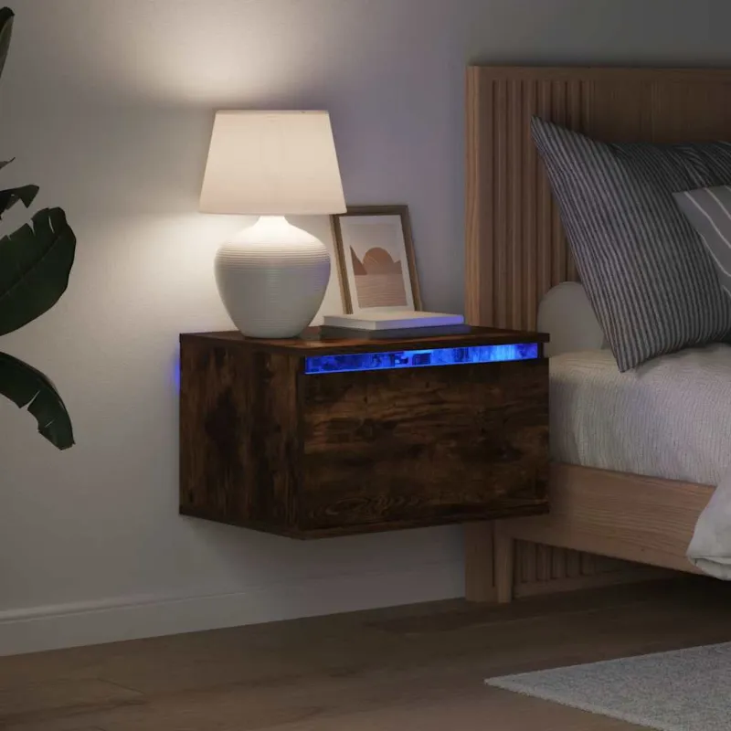 Prie sienos montuojama naktinė spintelė su LED, dūminio ąžuolo