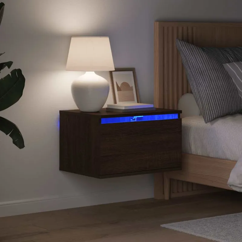 Prie sienos montuojama naktinė spintelė su LED, ruda ąžuolo