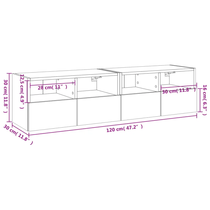 Sieninės TV spintelės, 2vnt., betono, 60x30x30cm, mediena