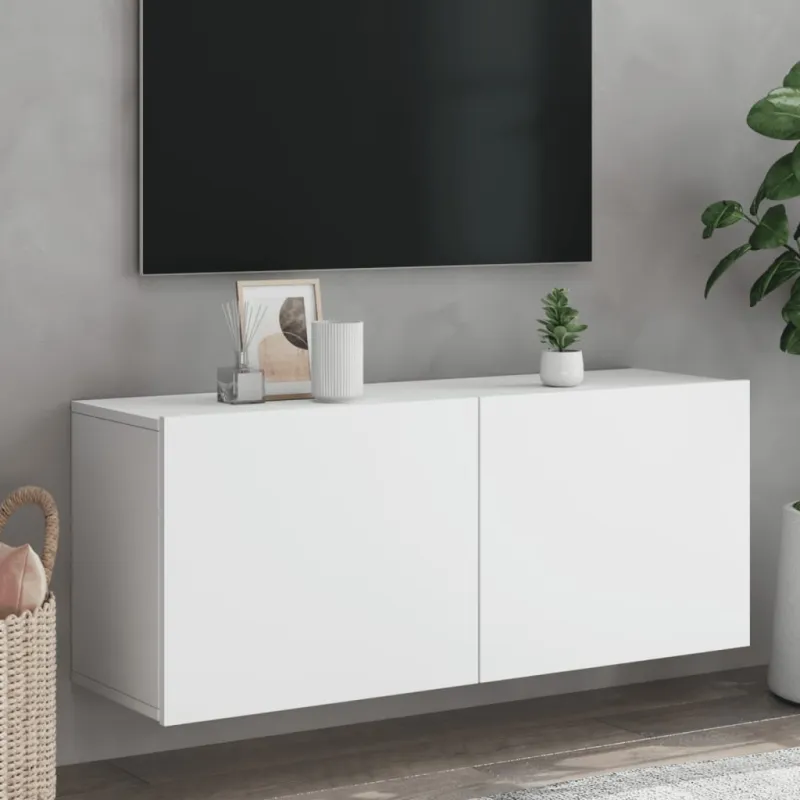 Prie sienos montuojama TV spintelė, baltos spalvos, 100x30x41cm