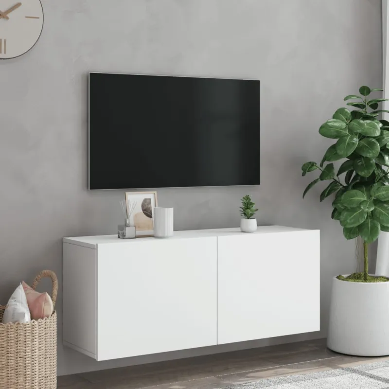 Prie sienos montuojama TV spintelė, baltos spalvos, 100x30x41cm