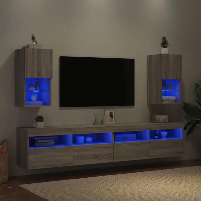 TV spintelės su LED, 2vnt., pilkos ąžuolo, 30,5x30x60cm