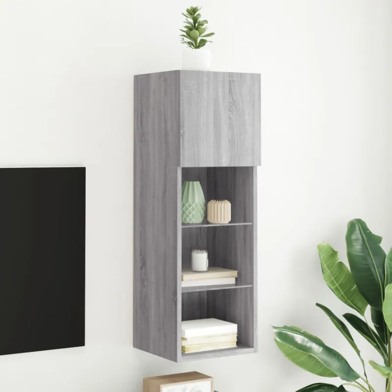 TV spintelė su LED lemputėmis, pilka ąžuolo, 30,5x30x90cm