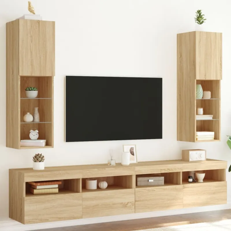 TV spintelės su LED lemputėmis, 2vnt., ąžuolo, 30,5x30x102cm