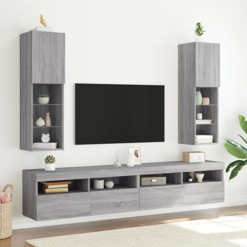 TV spintelė su LED lemputėmis, pilka ąžuolo, 30,5x30x102cm
