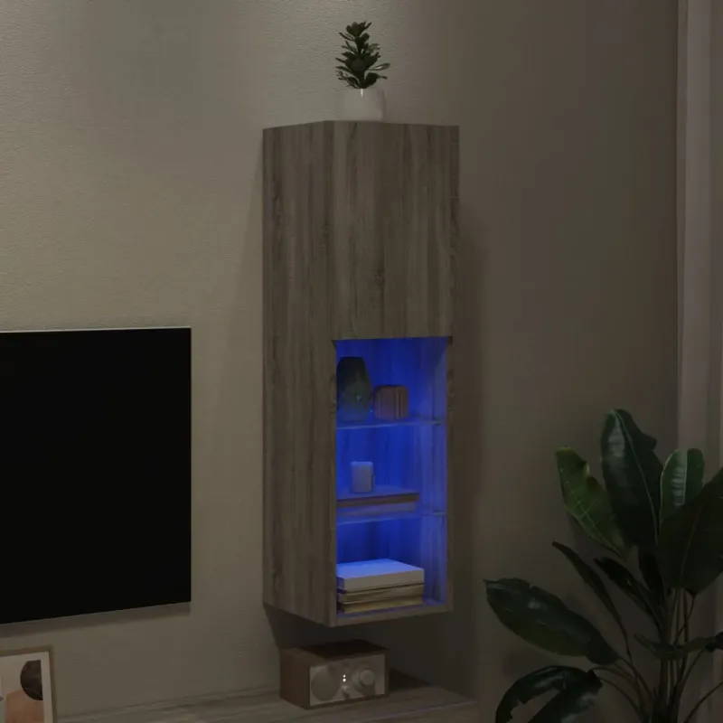 TV spintelė su LED lemputėmis, pilka ąžuolo, 30,5x30x102cm
