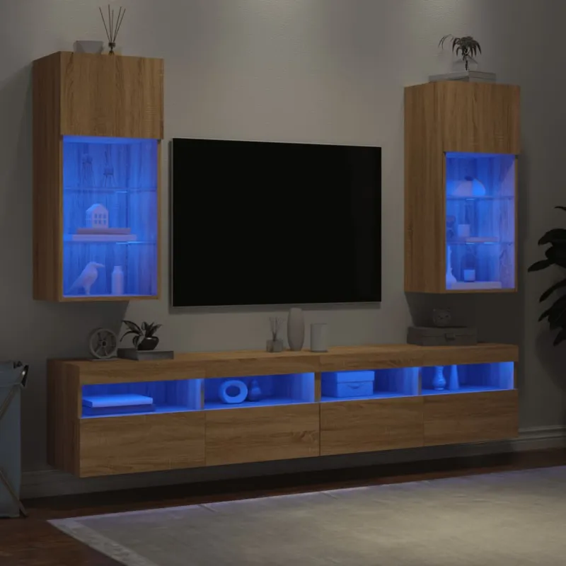 TV spintelės su LED lemputėmis, 2vnt., ąžuolo, 40,5x30x90cm