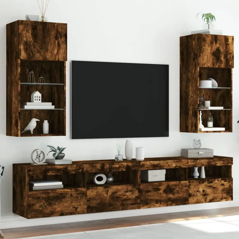 TV spintelės su LED, 2vnt., dūminio ąžuolo, 40,5x30x90cm