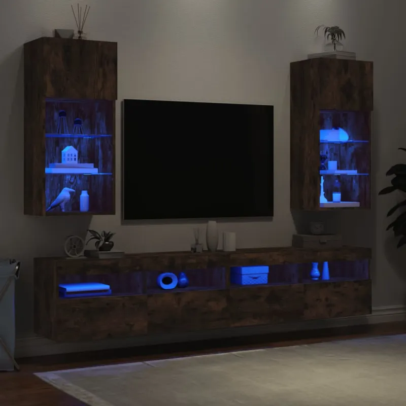 TV spintelės su LED, 2vnt., dūminio ąžuolo, 40,5x30x90cm