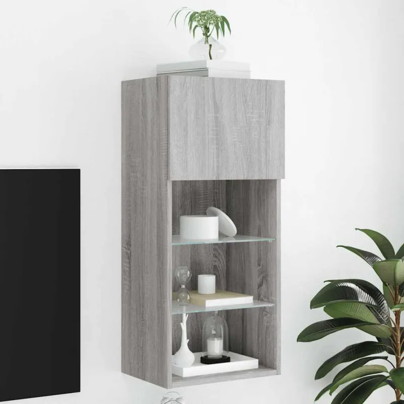 TV spintelė su LED lemputėmis, pilka ąžuolo, 40,5x30x90cm