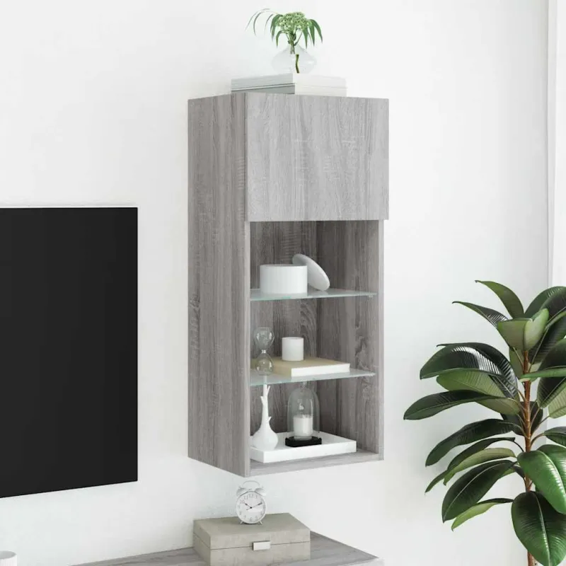 TV spintelė su LED lemputėmis, pilka ąžuolo, 40,5x30x90cm