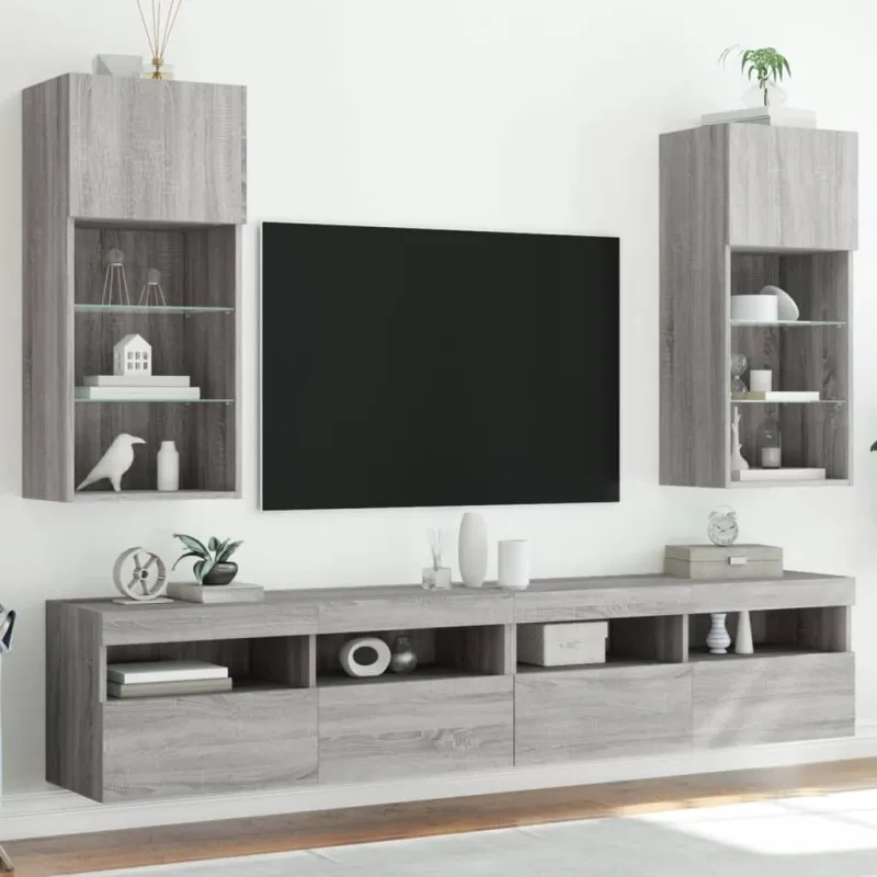TV spintelės su LED, 2vnt., pilkos ąžuolo, 40,5x30x90cm