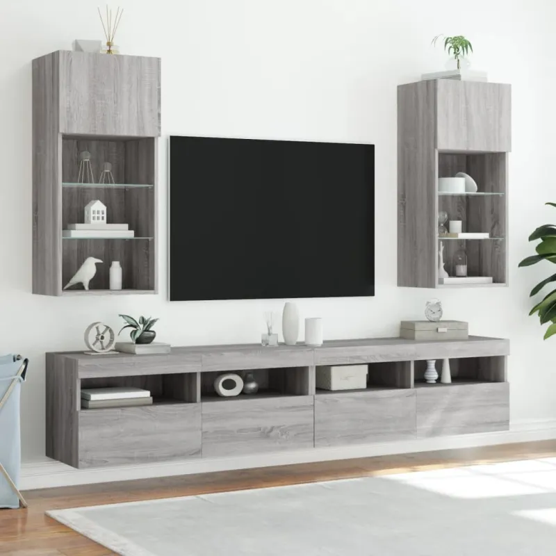 TV spintelės su LED, 2vnt., pilkos ąžuolo, 40,5x30x90cm
