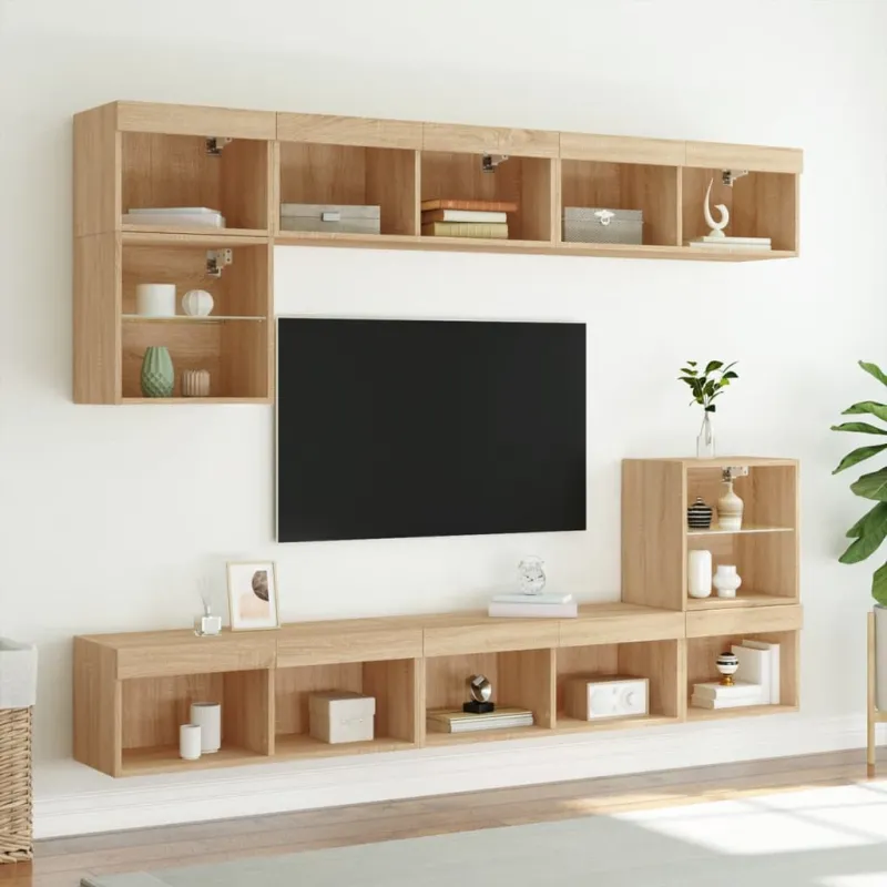 TV spintelės su LED lemputėmis, 2vnt., ąžuolo, 80x30x30cm