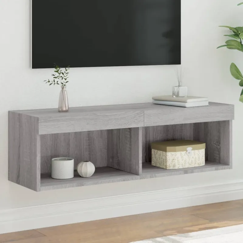 TV spintelė su LED lemputėmis, pilka ąžuolo, 100x30x30cm