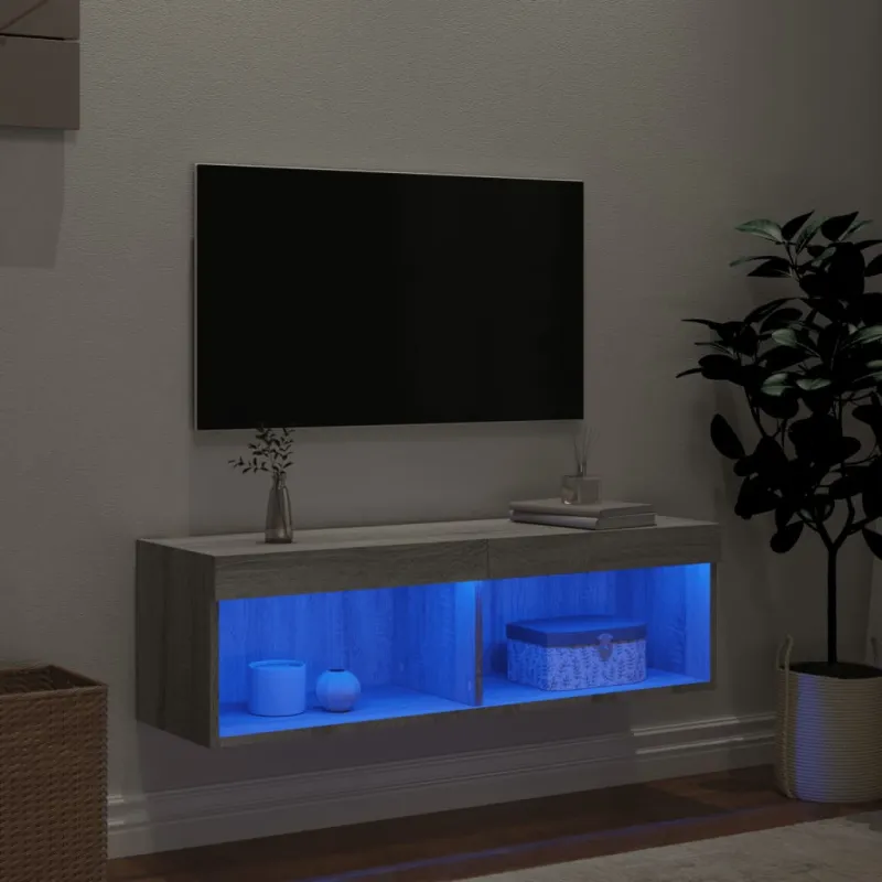 TV spintelė su LED lemputėmis, pilka ąžuolo, 100x30x30cm
