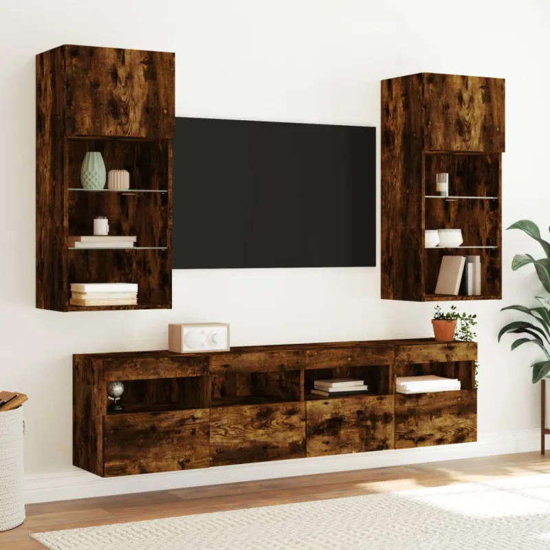 Sieninės TV spintelės su LED, 2vnt., dūminės ąžuolo, 40x30x40cm