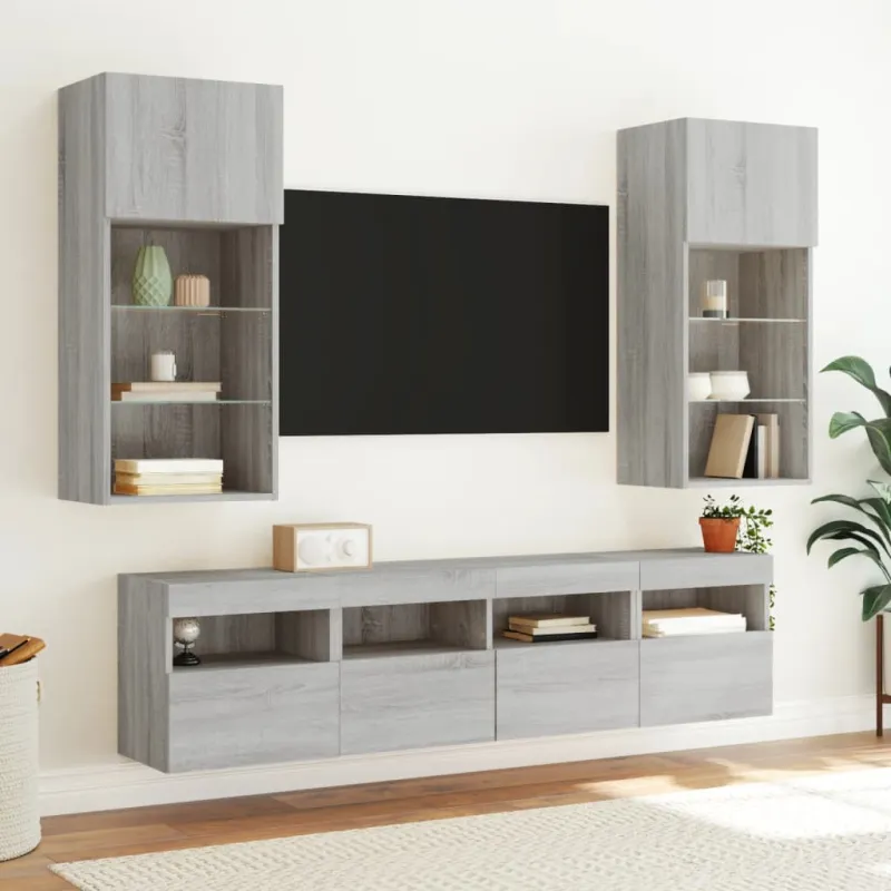 Sieninė TV spintelė su LED lemputėmis, pilka ąžuolo, 40x30x40cm