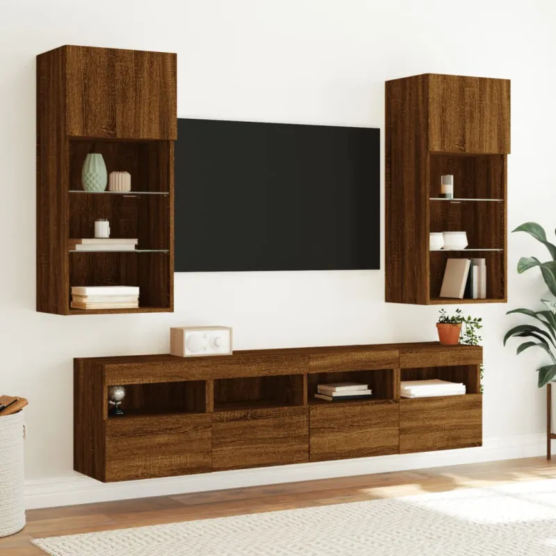 Sieninė TV spintelė su LED lemputėmis, ruda ąžuolo, 40x30x40cm